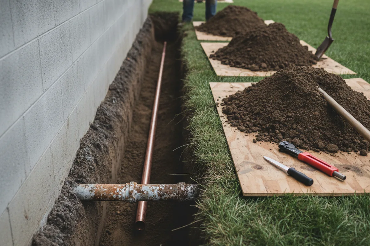 Excavated water line trench during Water Softener Installation in Huguenot